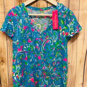 NWT Lilly Pulitzer Etta V-Neck Top Seabreeze Blue Hey Gull Friend